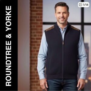 ROUNDTREE & YORKE Navy Blue Textured Knit Vest Shoulder Patch Full Zip SZ XL/T